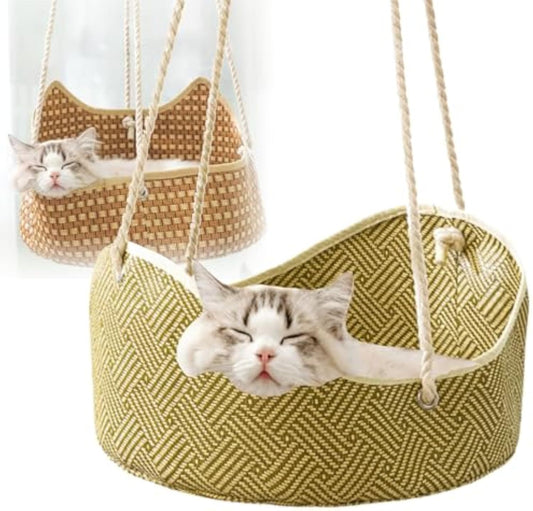 Breathable Cat Hammock - Rattan Crafted Cat Cage With Metal Hooks - Indoor Outdoor Pet Bed- Comfortable Cat Perch For Sleeping Playing Climbing, And Lounging